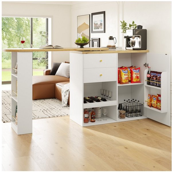 Flieks Bartisch 360° drehbar Stehtisch mit Kommode (Set, 2-St., für Esszimmer/Arbeitszimmer/Wohnzimmer), ausziehbar Esstisch Schrank mit Schubladen, Weinregal u