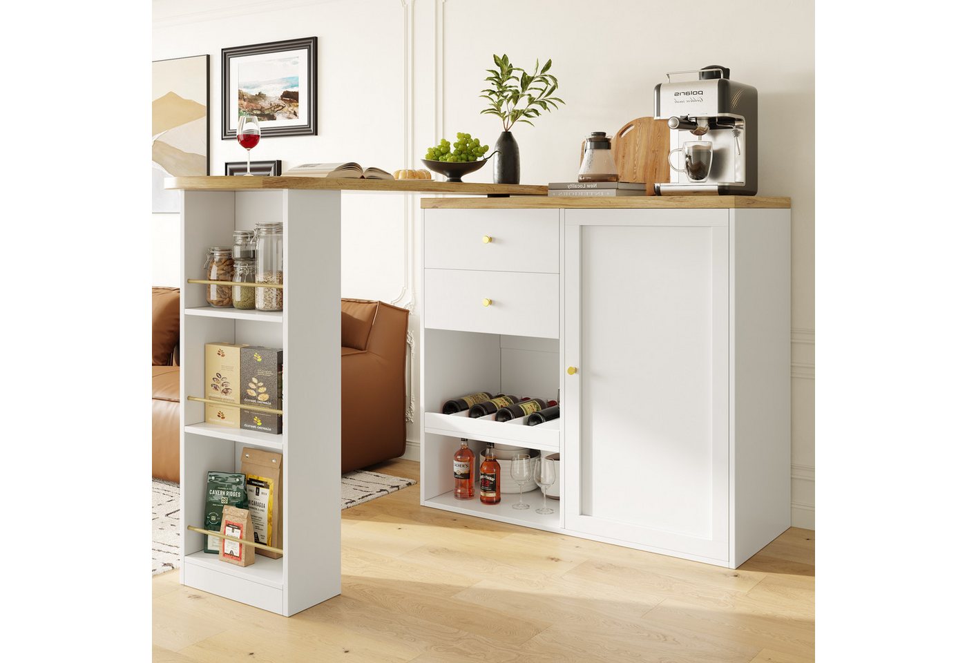 Flieks Bartisch 360° drehbar Stehtisch mit Kommode (Set, 2-St., für Esszimmer/Arbeitszimmer/Wohnzimmer), ausziehbar Esstisch Schrank mit Schubladen, Weinregal u – Bild 2 von 5