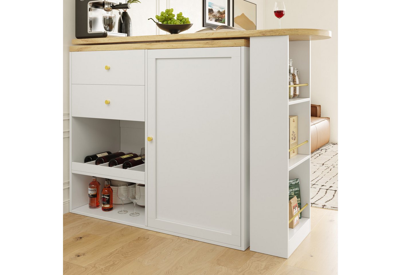 Flieks Bartisch 360° drehbar Stehtisch mit Kommode (Set, 2-St., für Esszimmer/Arbeitszimmer/Wohnzimmer), ausziehbar Esstisch Schrank mit Schubladen, Weinregal u – Bild 3 von 5