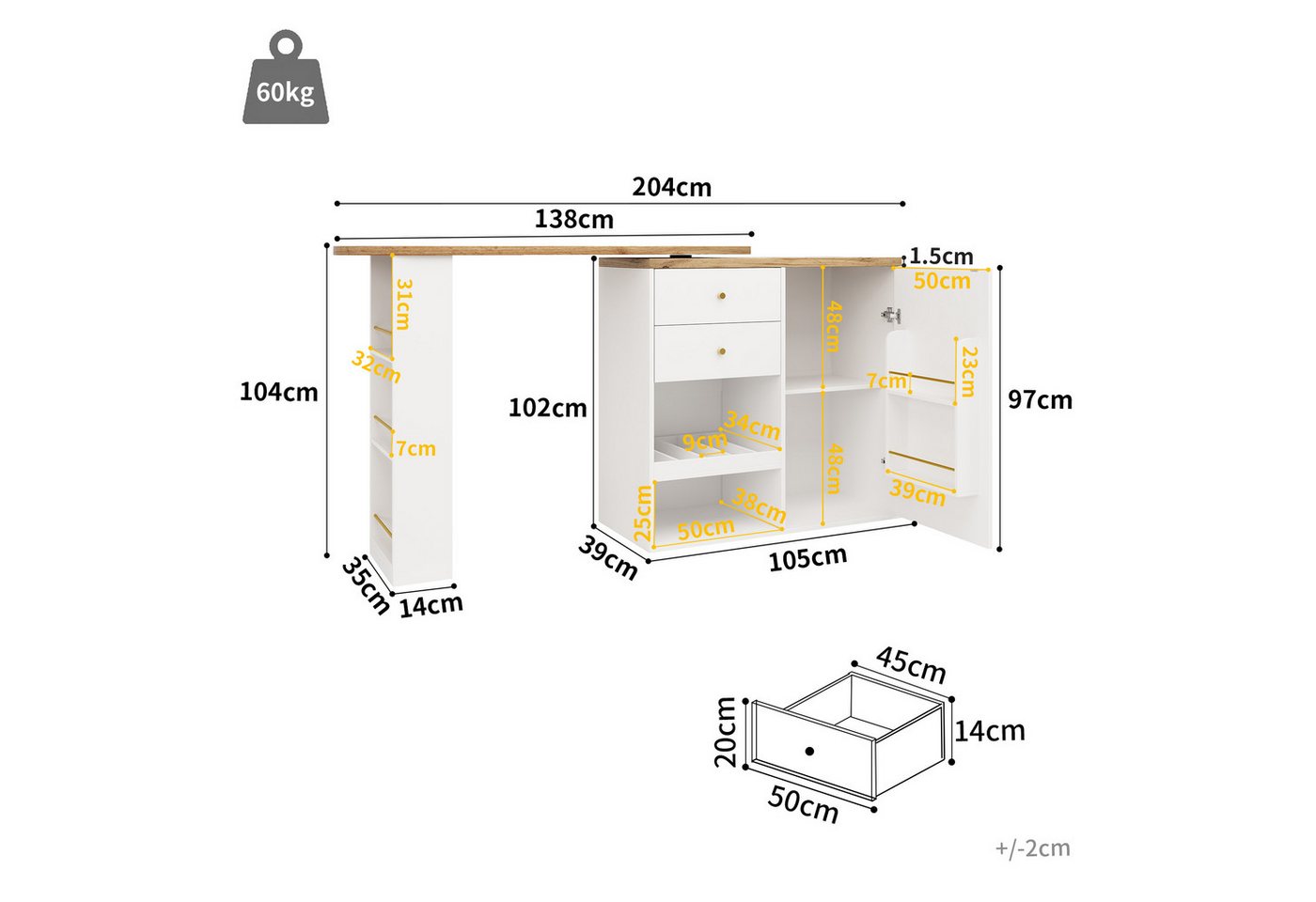 Flieks Bartisch 360° drehbar Stehtisch mit Kommode (Set, 2-St., für Esszimmer/Arbeitszimmer/Wohnzimmer), ausziehbar Esstisch Schrank mit Schubladen, Weinregal u – Bild 5 von 5