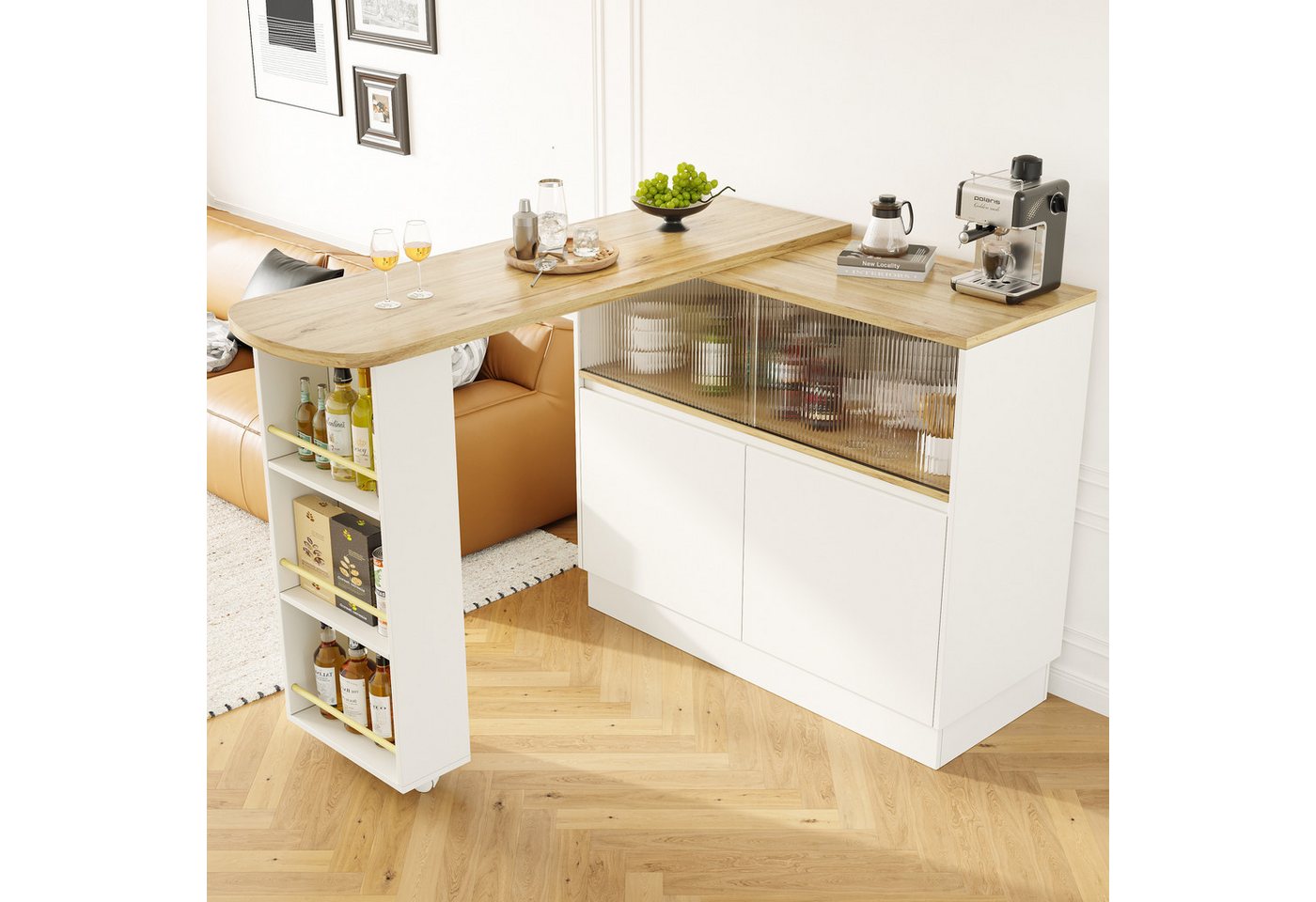 Flieks Bartisch 360° drehbar Stehtisch mit Sideboard (Set, 1-St., mit Rollen und Ablage), ausziehbar Esstisch mit 4 Türen Kommode Bistrotisch – Bild 2 von 5