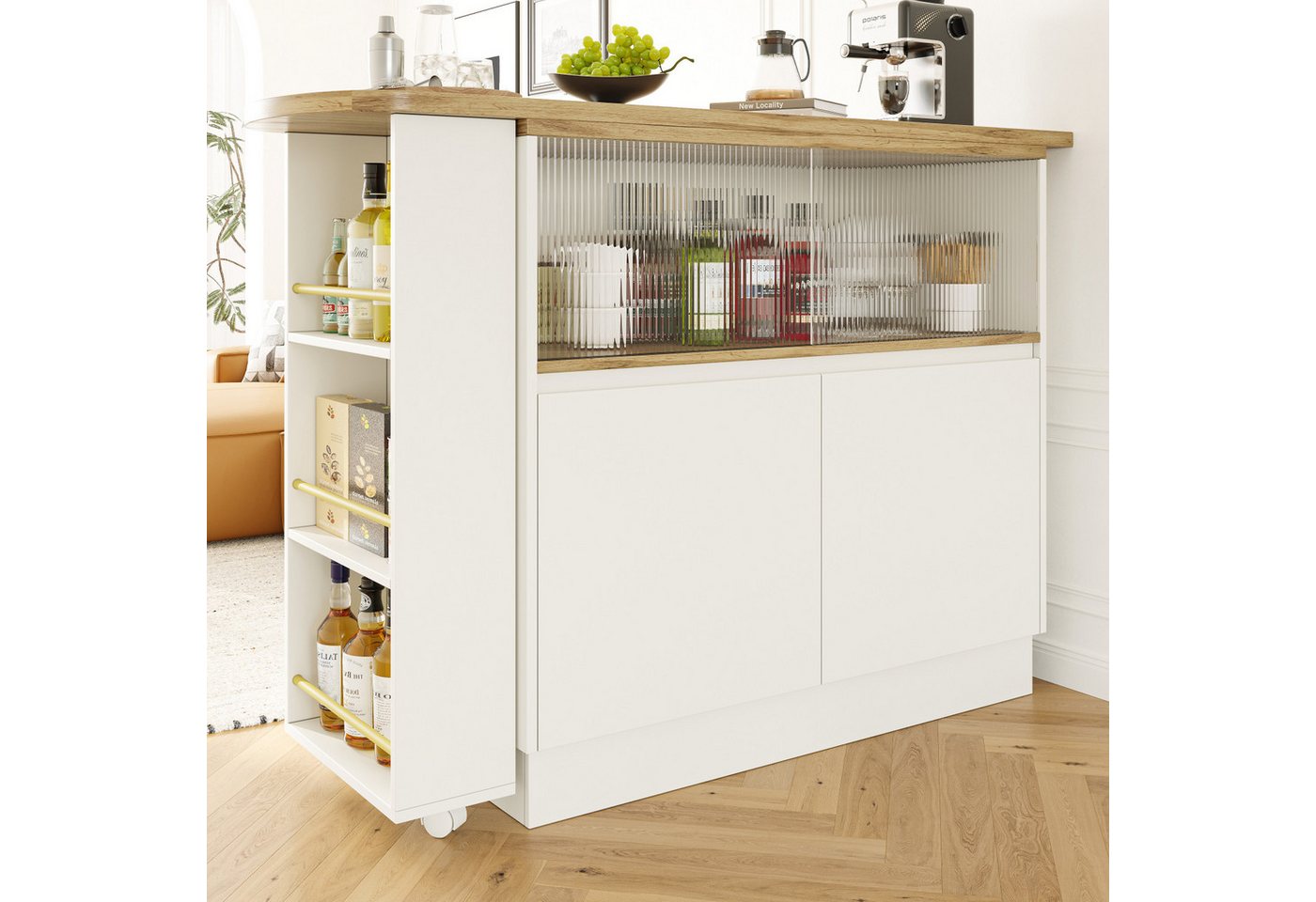Flieks Bartisch 360° drehbar Stehtisch mit Sideboard (Set, 1-St., mit Rollen und Ablage), ausziehbar Esstisch mit 4 Türen Kommode Bistrotisch – Bild 3 von 5