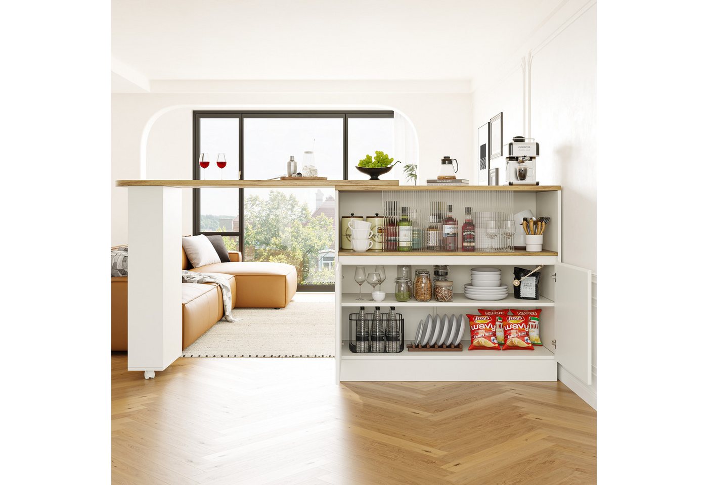 Flieks Bartisch 360° drehbar Stehtisch mit Sideboard (Set, 1-St., mit Rollen und Ablage), ausziehbar Esstisch mit 4 Türen Kommode Bistrotisch – Bild 4 von 5