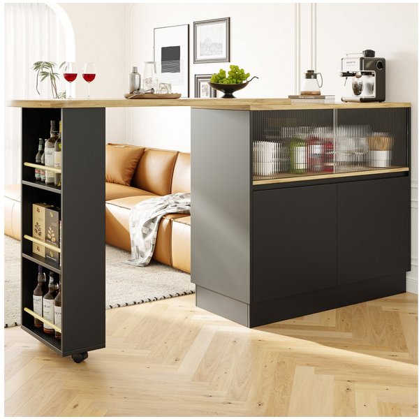Flieks Bartisch 360° drehbar Stehtisch mit Sideboard (Set, 1-St., mit Rollen und Ablage), ausziehbar Esstisch mit 4 Türen Kommode Bistrotisch