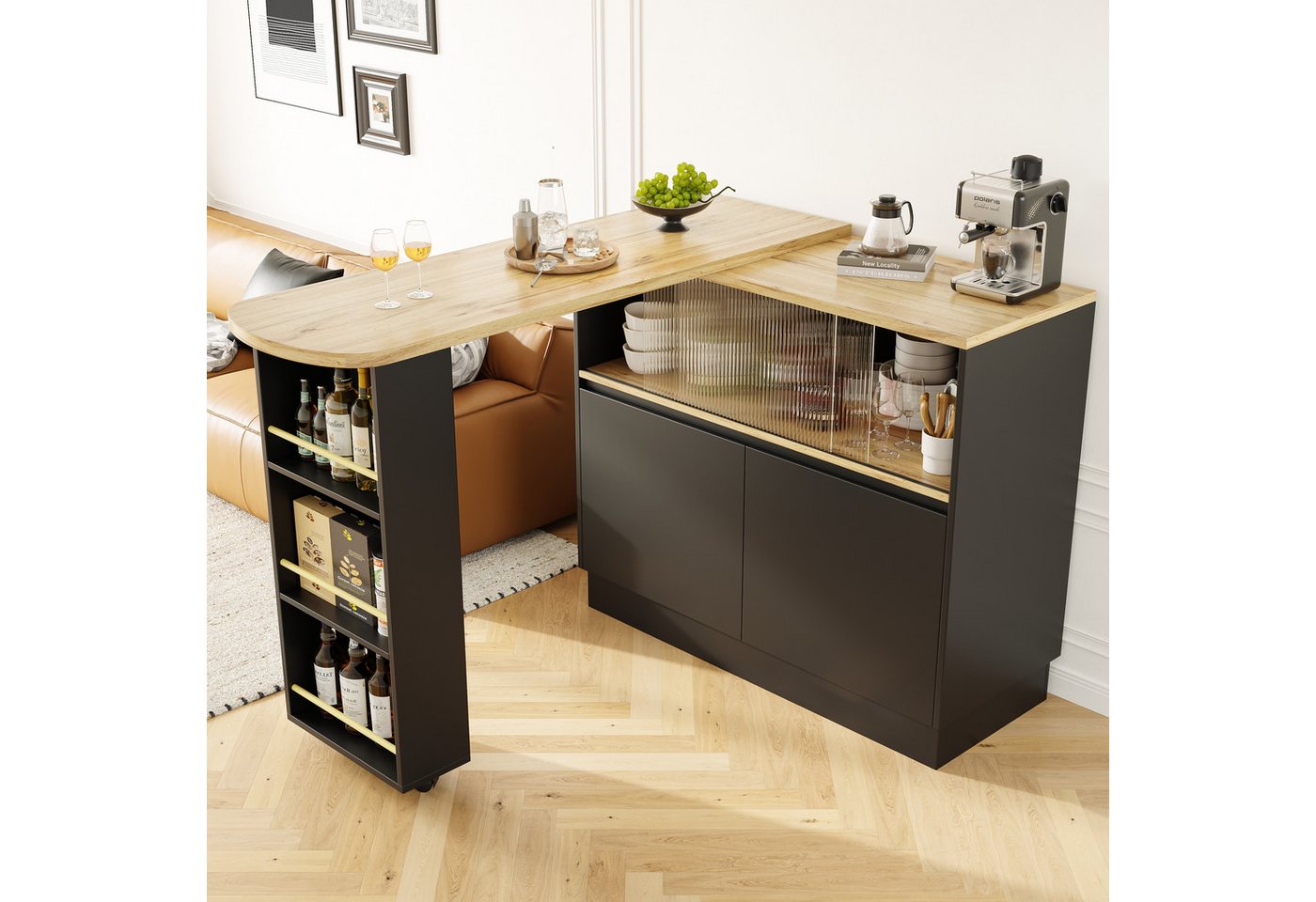 Flieks Bartisch 360° drehbar Stehtisch mit Sideboard (Set, 1-St., mit Rollen und Ablage), ausziehbar Esstisch mit 4 Türen Kommode Bistrotisch – Bild 2 von 5