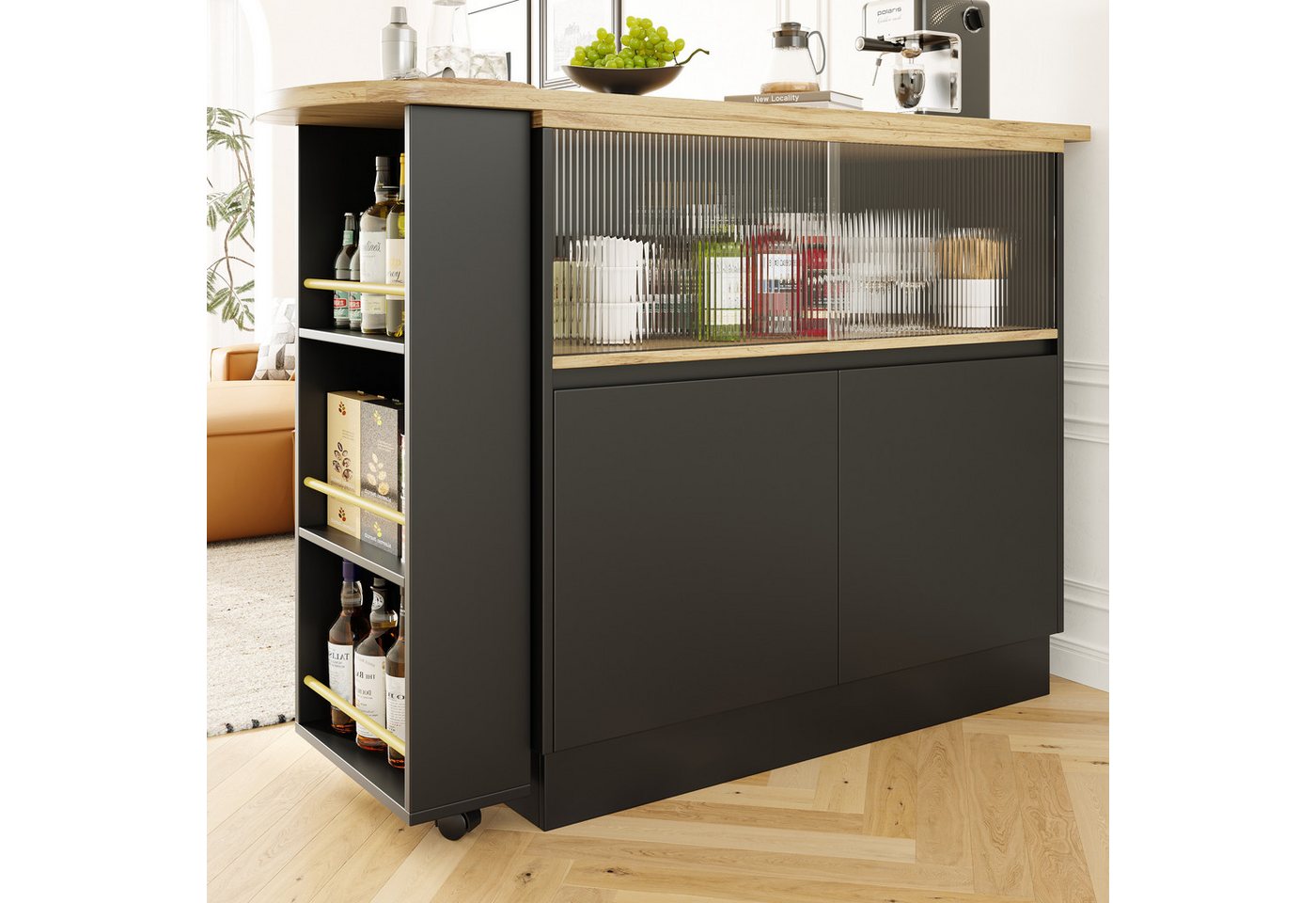 Flieks Bartisch 360° drehbar Stehtisch mit Sideboard (Set, 1-St., mit Rollen und Ablage), ausziehbar Esstisch mit 4 Türen Kommode Bistrotisch – Bild 3 von 5