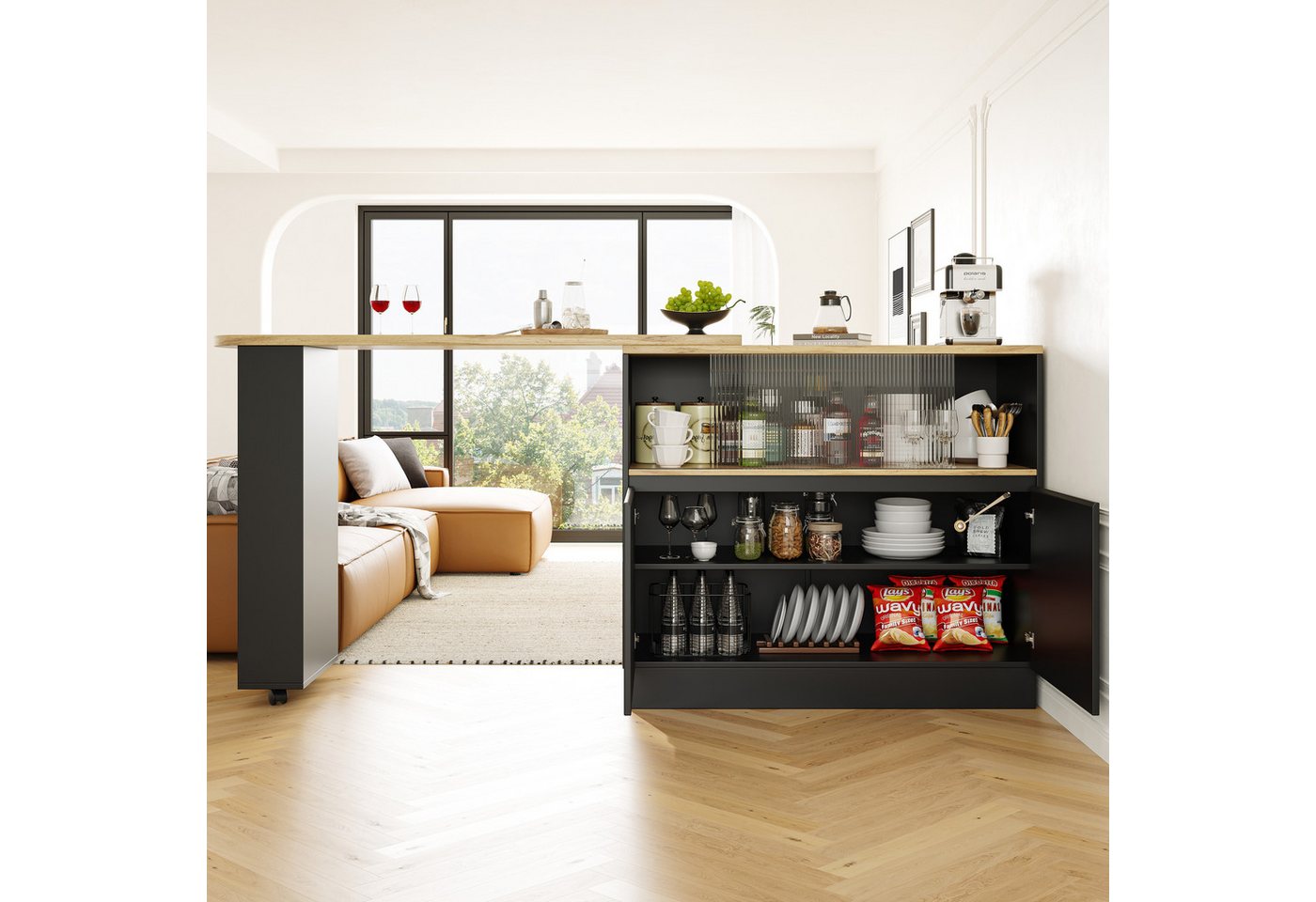 Flieks Bartisch 360° drehbar Stehtisch mit Sideboard (Set, 1-St., mit Rollen und Ablage), ausziehbar Esstisch mit 4 Türen Kommode Bistrotisch – Bild 4 von 5