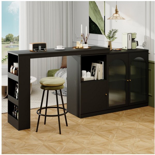 Flieks Bartisch 360° drehbar Stehtisch mit Sideboard (Set, 1-St., für Wohnzimmer, Küche und Esszimmer), ausziehbar Esstisch mit Glastüren Aufbewahrungsschrank B