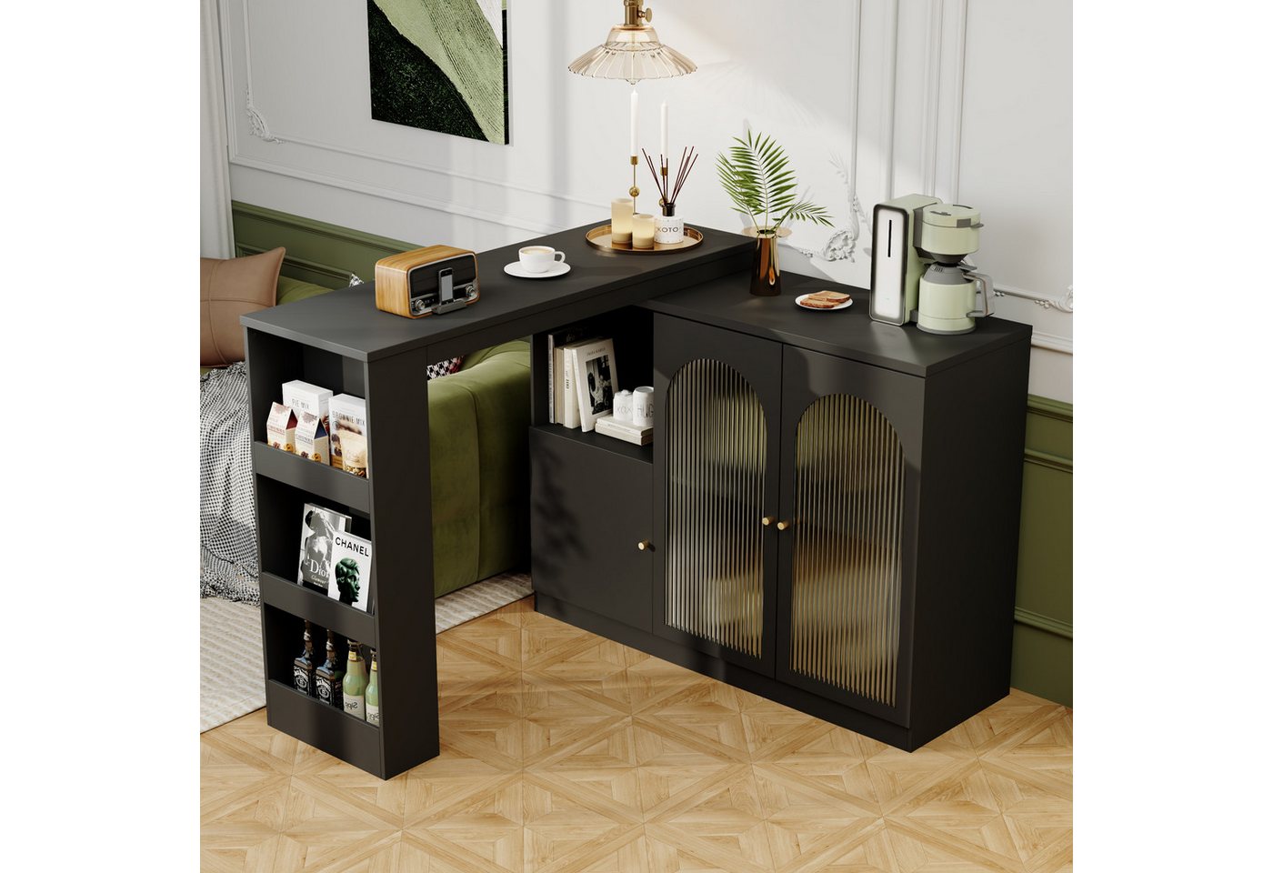 Flieks Bartisch 360° drehbar Stehtisch mit Sideboard (Set, 1-St., für Wohnzimmer, Küche und Esszimmer), ausziehbar Esstisch mit Glastüren Aufbewahrungsschrank B – Bild 2 von 5