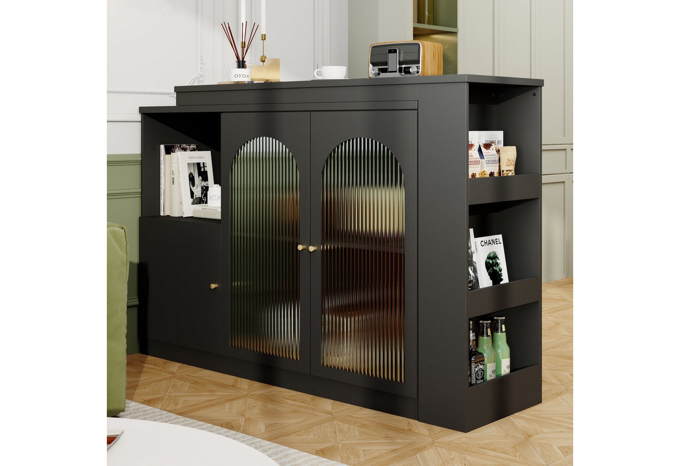 Flieks Bartisch 360° drehbar Stehtisch mit Sideboard (Set, 1-St., für Wohnzimmer, Küche und Esszimmer), ausziehbar Esstisch mit Glastüren Aufbewahrungsschrank B – Bild 3 von 5