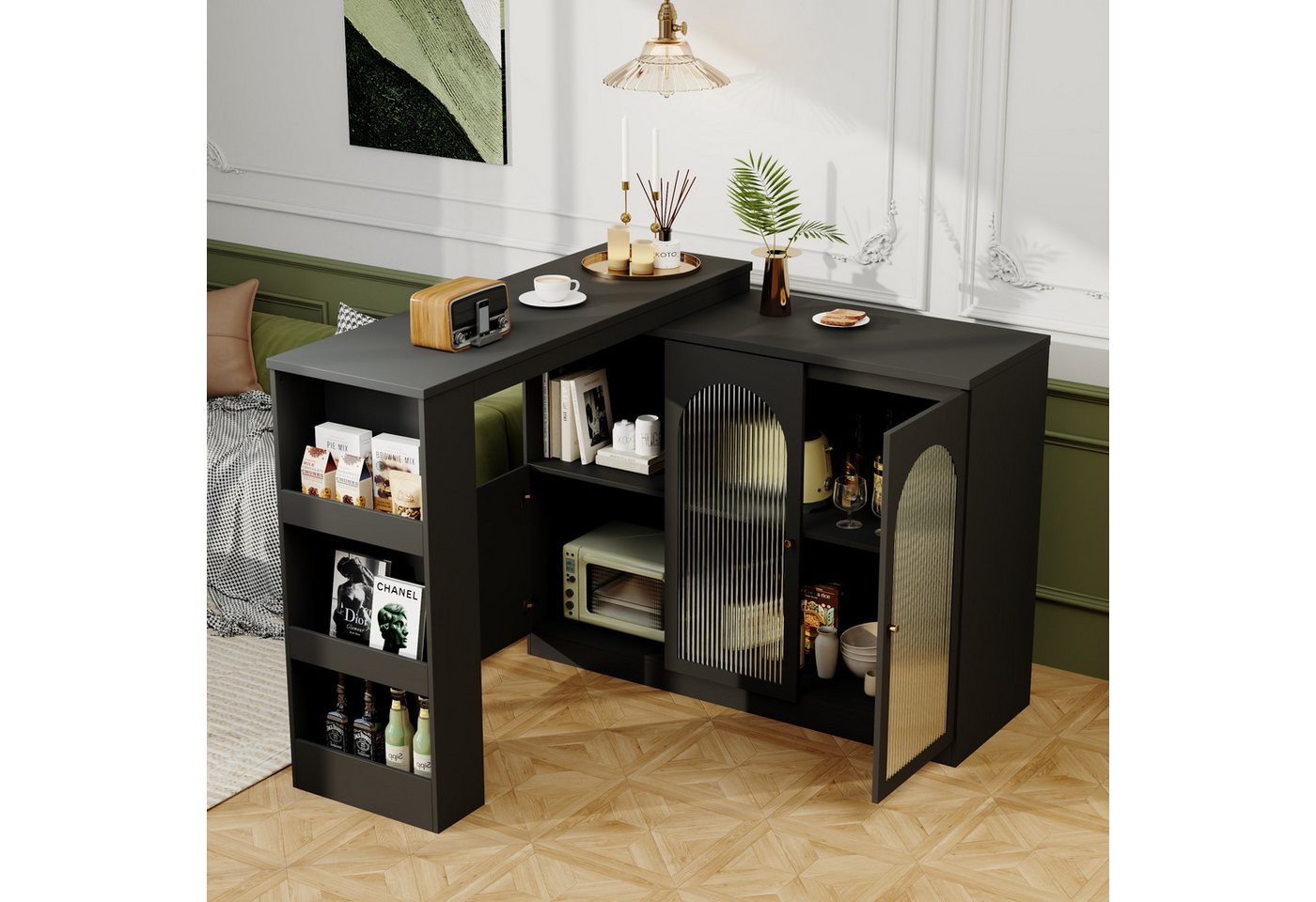 Flieks Bartisch 360° drehbar Stehtisch mit Sideboard (Set, 1-St., für Wohnzimmer, Küche und Esszimmer), ausziehbar Esstisch mit Glastüren Aufbewahrungsschrank B – Bild 4 von 5
