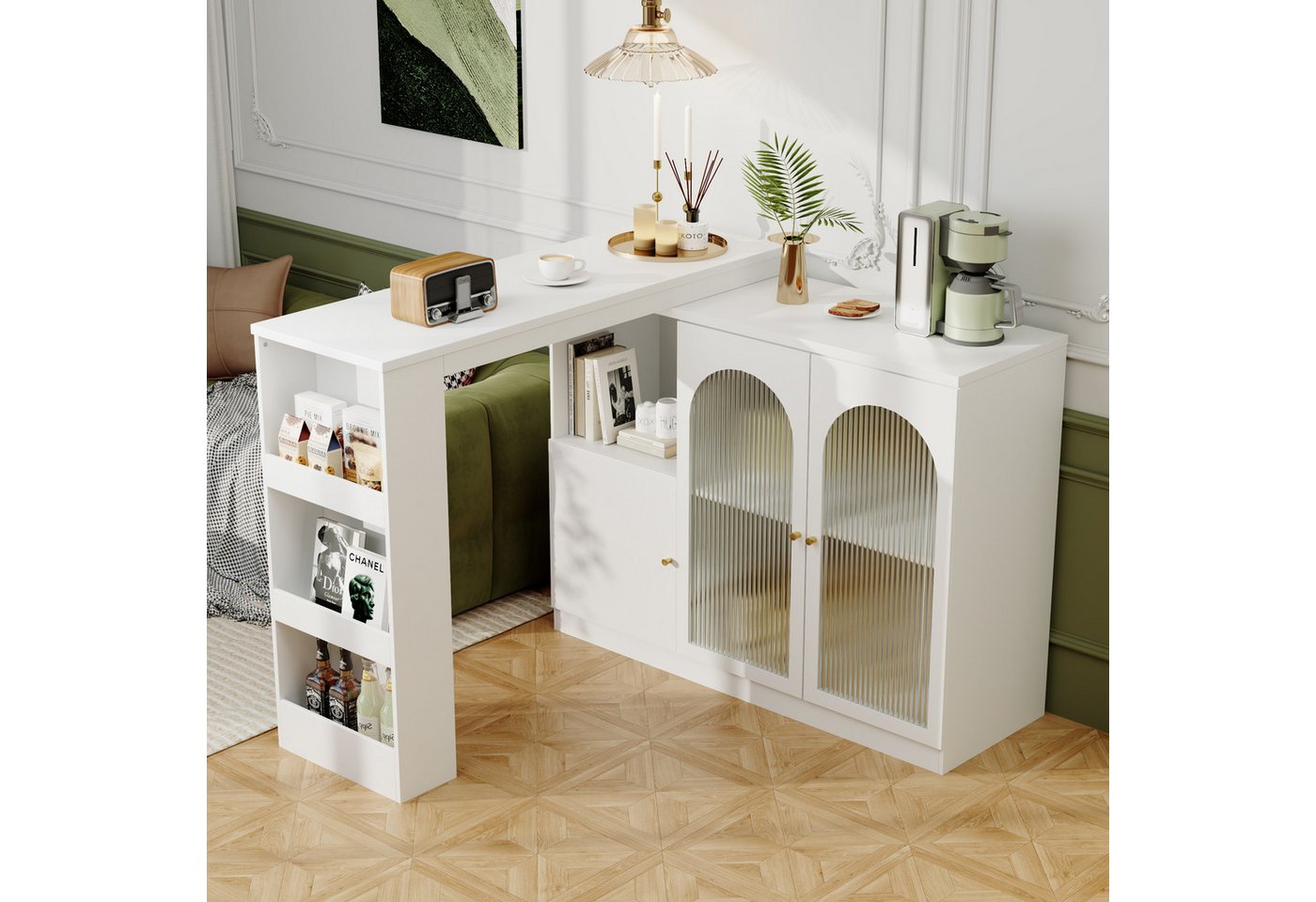 Flieks Bartisch 360° drehbar Stehtisch mit Sideboard (Set, 1-St., für Wohnzimmer, Küche und Esszimmer), ausziehbar Esstisch mit Glastüren Aufbewahrungsschrank B – Bild 2 von 5