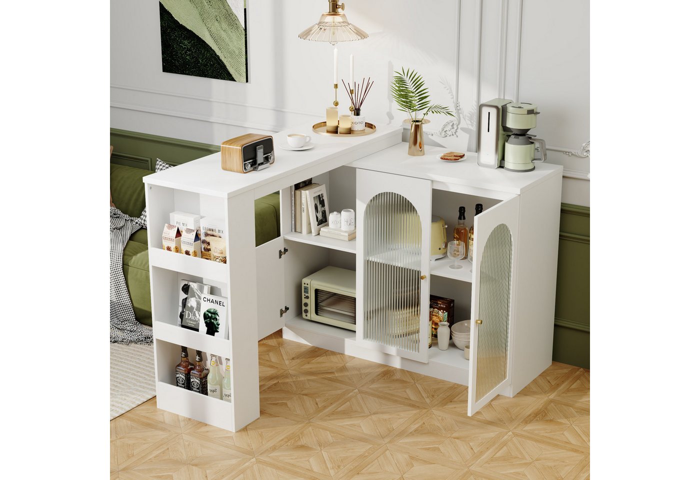 Flieks Bartisch 360° drehbar Stehtisch mit Sideboard (Set, 1-St., für Wohnzimmer, Küche und Esszimmer), ausziehbar Esstisch mit Glastüren Aufbewahrungsschrank B – Bild 4 von 5