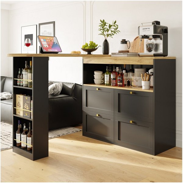 Flieks Bartisch 360° drehbar Stehtisch mit Sideboard (Set, 1-St., für Esszimmer/Arbeitszimmer/Wohnzimmer), ausziehbar Esstisch mit Regal und 4 Schubladen Kommod