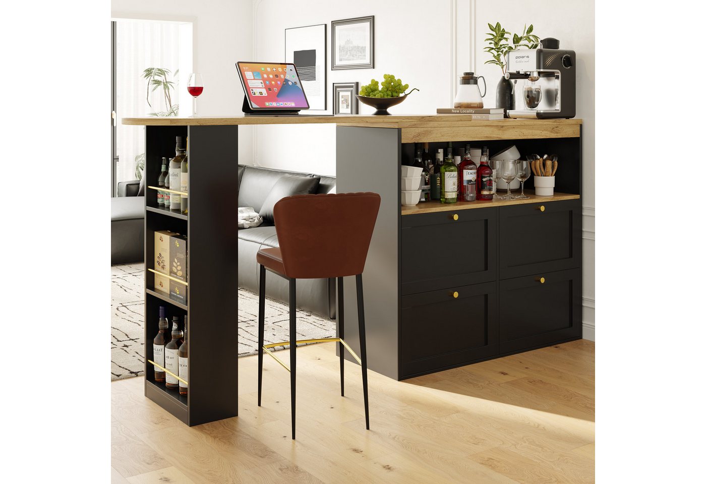 Flieks Bartisch 360° drehbar Stehtisch mit Sideboard (Set, 1-St., für Esszimmer/Arbeitszimmer/Wohnzimmer), ausziehbar Esstisch mit Regal und 4 Schubladen Kommod – Bild 2 von 5