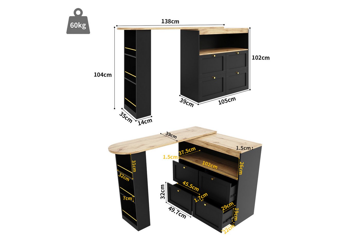 Flieks Bartisch 360° drehbar Stehtisch mit Sideboard (Set, 1-St., für Esszimmer/Arbeitszimmer/Wohnzimmer), ausziehbar Esstisch mit Regal und 4 Schubladen Kommod – Bild 5 von 5