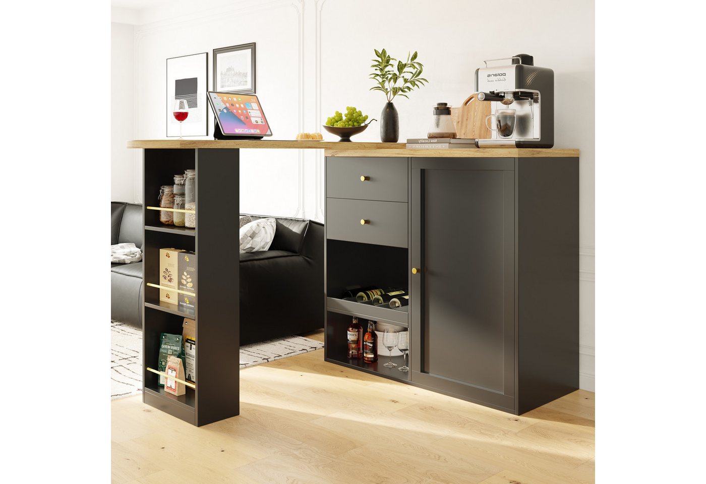Flieks Bartisch 360° drehbare Stehtisch mit Sideboard (Set, 1-St., mit 2 Schubladen und 1 Türen), ausziehbar Esstisch mit Aufbewahrungsschrank Bistrotisch Schwa – Bild 2 von 5