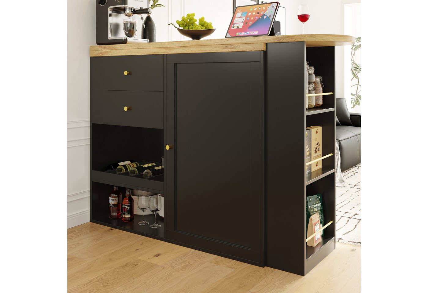 Flieks Bartisch 360° drehbare Stehtisch mit Sideboard (Set, 1-St., mit 2 Schubladen und 1 Türen), ausziehbar Esstisch mit Aufbewahrungsschrank Bistrotisch Schwa – Bild 3 von 5