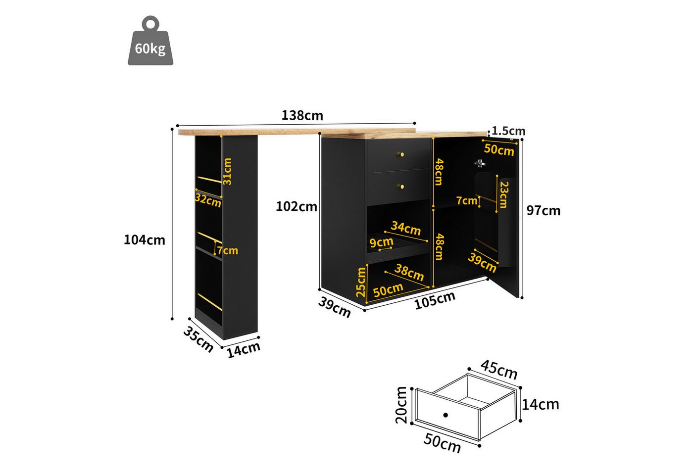 Flieks Bartisch 360° drehbare Stehtisch mit Sideboard (Set, 1-St., mit 2 Schubladen und 1 Türen), ausziehbar Esstisch mit Aufbewahrungsschrank Bistrotisch Schwa – Bild 4 von 5