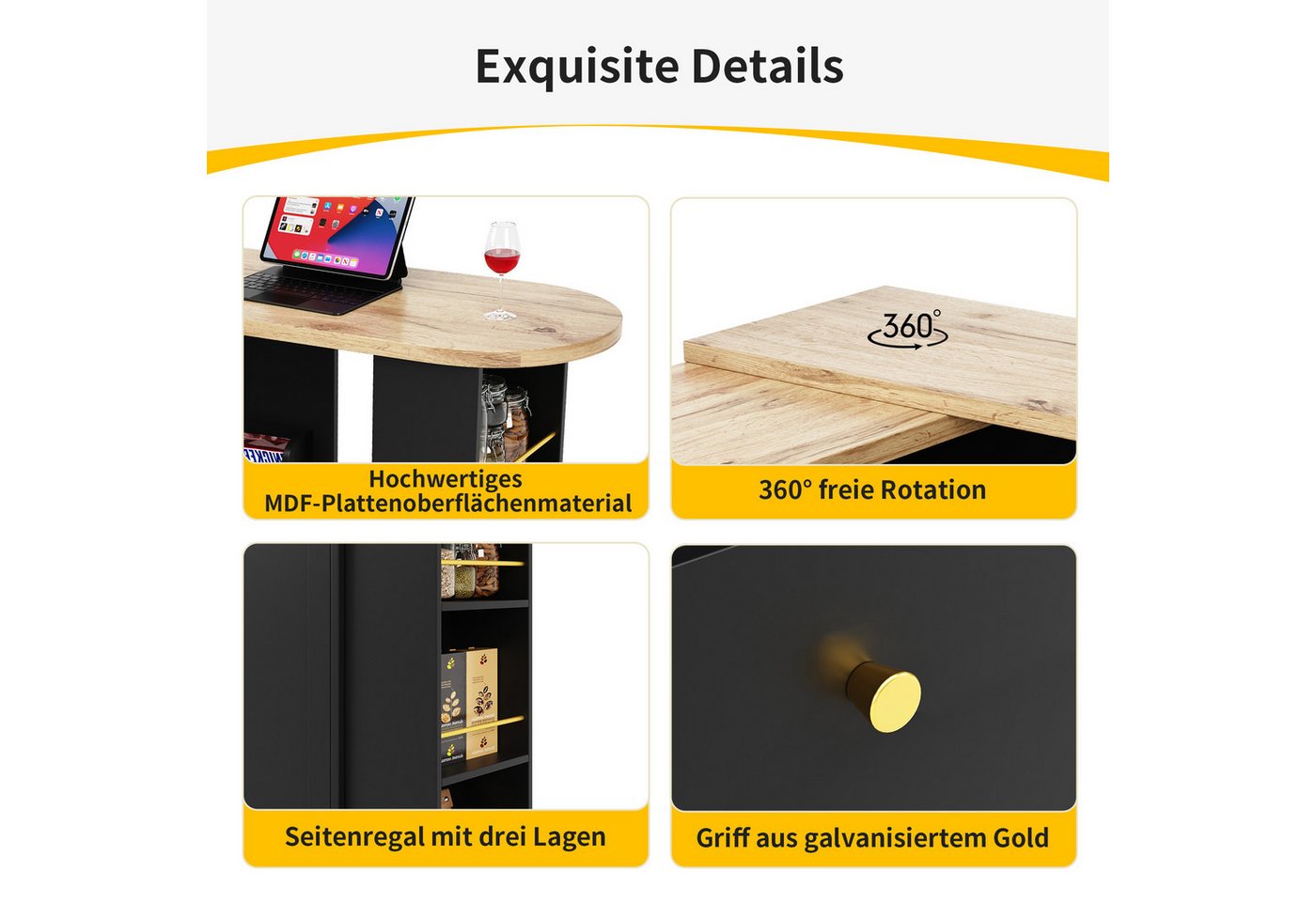Flieks Bartisch 360° drehbare Stehtisch mit Sideboard (Set, 1-St., mit 2 Schubladen und 1 Türen), ausziehbar Esstisch mit Aufbewahrungsschrank Bistrotisch Schwa – Bild 5 von 5