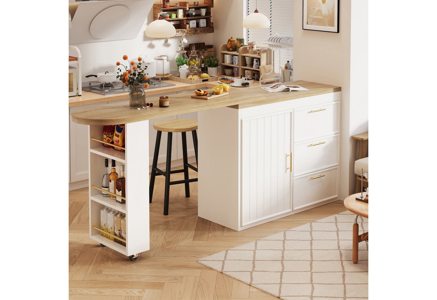 Flieks Bartisch 360° drehbarer Stehtisch & Kommode mit 3 Schubladen (Set, 2-St., 2er Set), Küchenschrank & schwenkbarer Tisch mit Arbeitsplatte in Holzoptik – Bild 2 von 5
