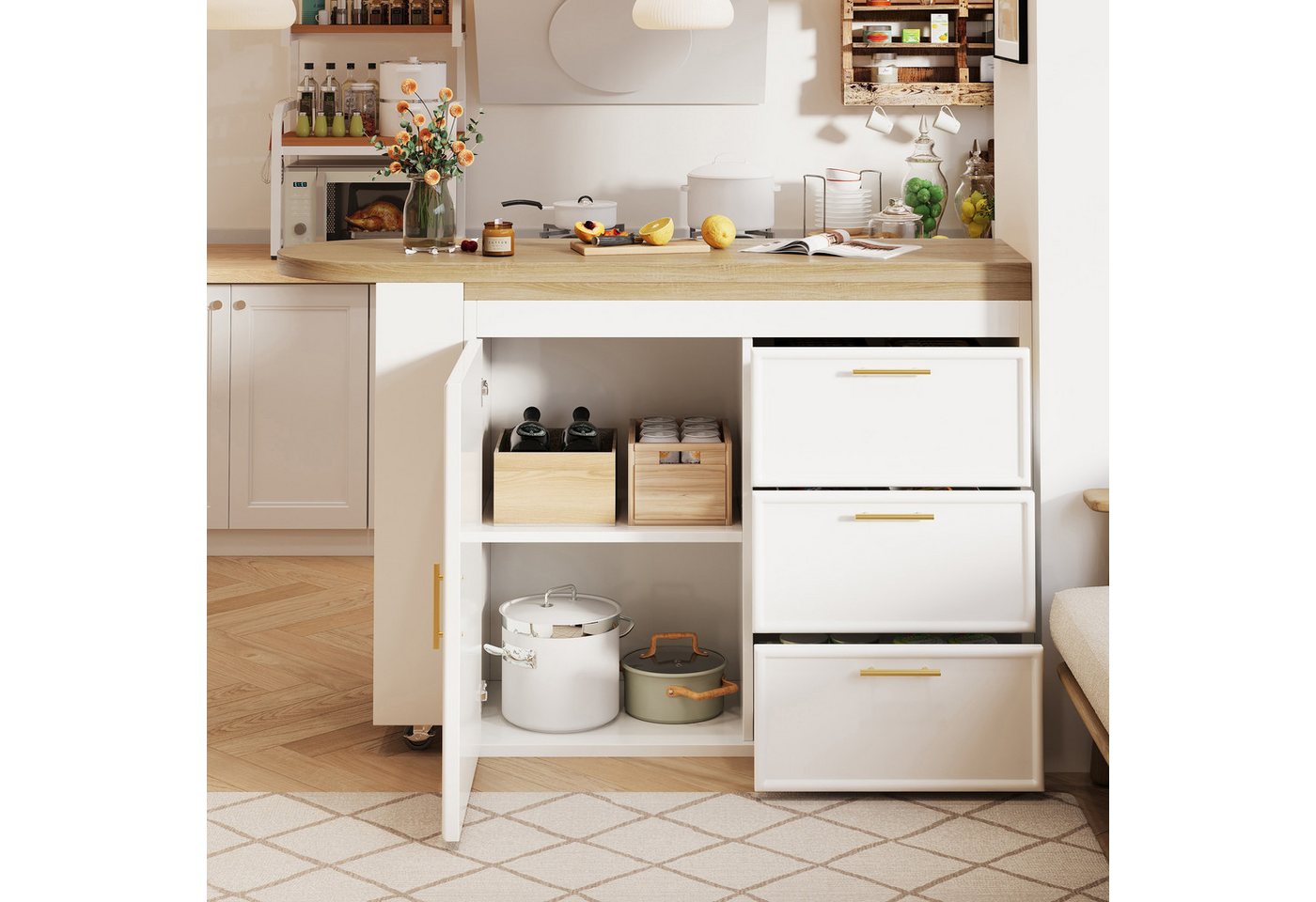 Flieks Bartisch 360° drehbarer Stehtisch & Kommode mit 3 Schubladen (Set, 2-St., 2er Set), Küchenschrank & schwenkbarer Tisch mit Arbeitsplatte in Holzoptik – Bild 3 von 5