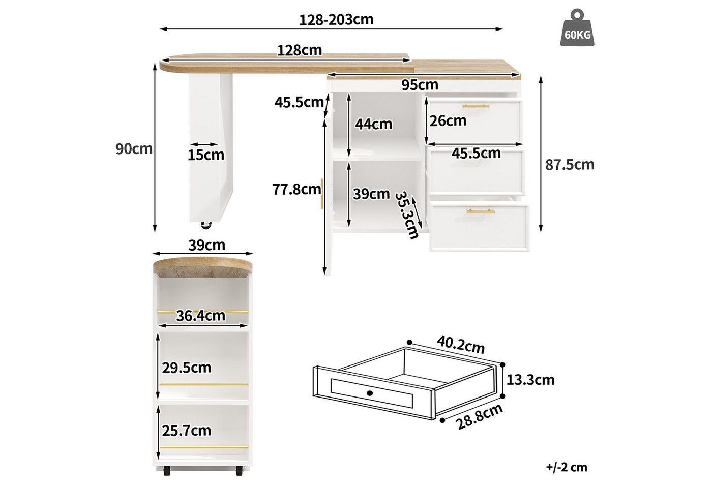 Flieks Bartisch 360° drehbarer Stehtisch & Kommode mit 3 Schubladen (Set, 2-St., 2er Set), Küchenschrank & schwenkbarer Tisch mit Arbeitsplatte in Holzoptik – Bild 5 von 5