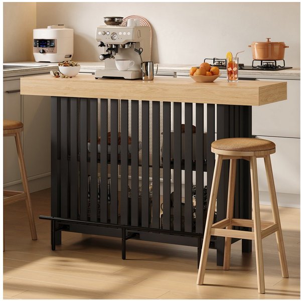 Flieks Bartisch multifunktional Kücheninsel Stehtisch mit Fußstütze, 2-stufigem Regal (160x40x105 cm, 1-St), schmaler Esstisch mit Stauraum, Holzoptik Tischplat