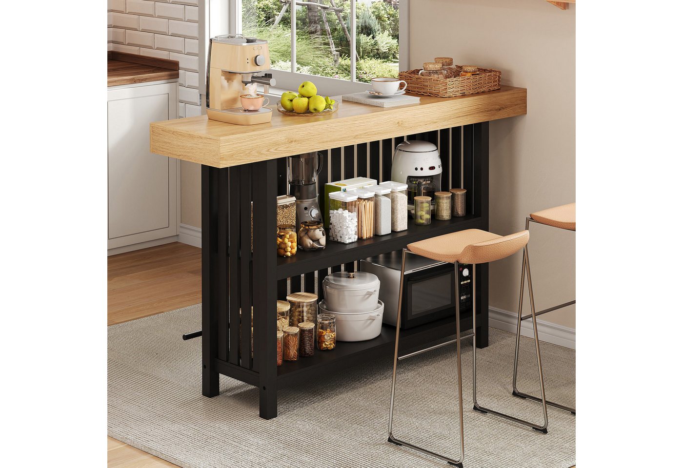 Flieks Bartisch multifunktional Kücheninsel Stehtisch mit Fußstütze, 2-stufigem Regal (160x40x105 cm, 1-St), schmaler Esstisch mit Stauraum, Holzoptik Tischplat – Bild 2 von 5
