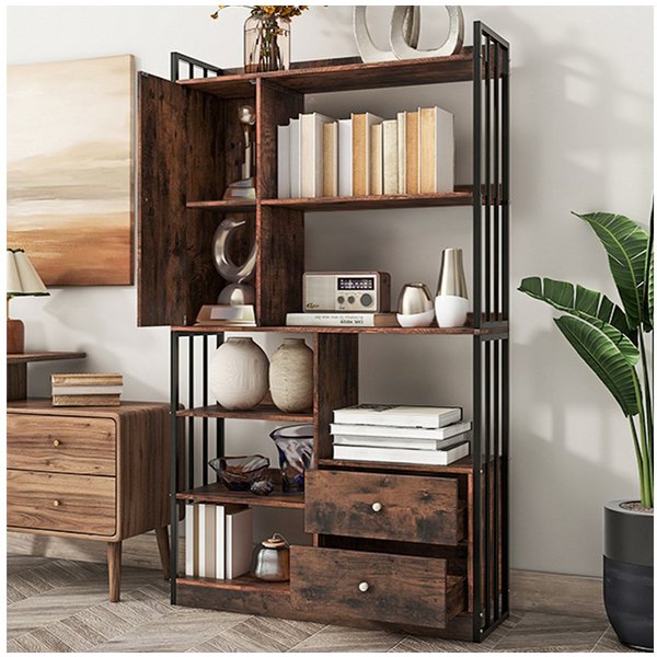 Flieks Bücherregal, 1-tlg., Standregal mit Türen und Schubladen Büroregal 100x30x173,5cm