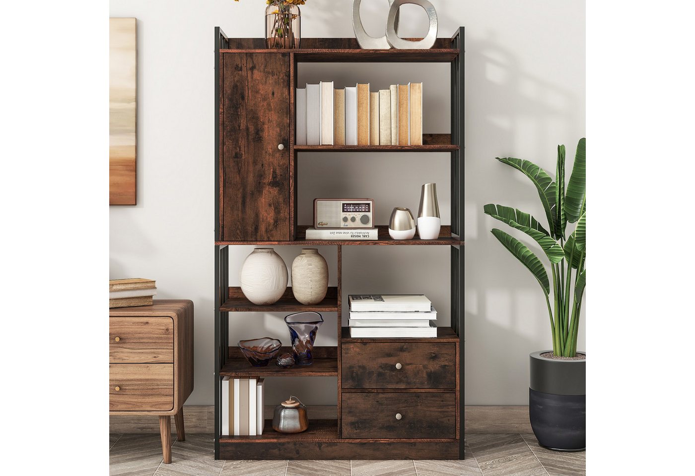 Flieks Bücherregal, 1-tlg., Standregal mit Türen und Schubladen Büroregal 100x30x173,5cm – Bild 2 von 5