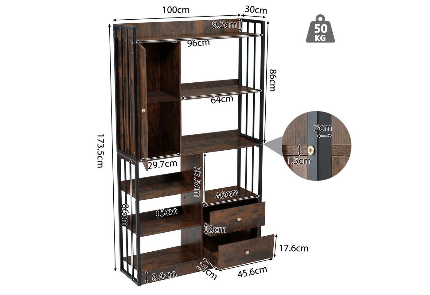 Flieks Bücherregal, 1-tlg., Standregal mit Türen und Schubladen Büroregal 100x30x173,5cm – Bild 4 von 5