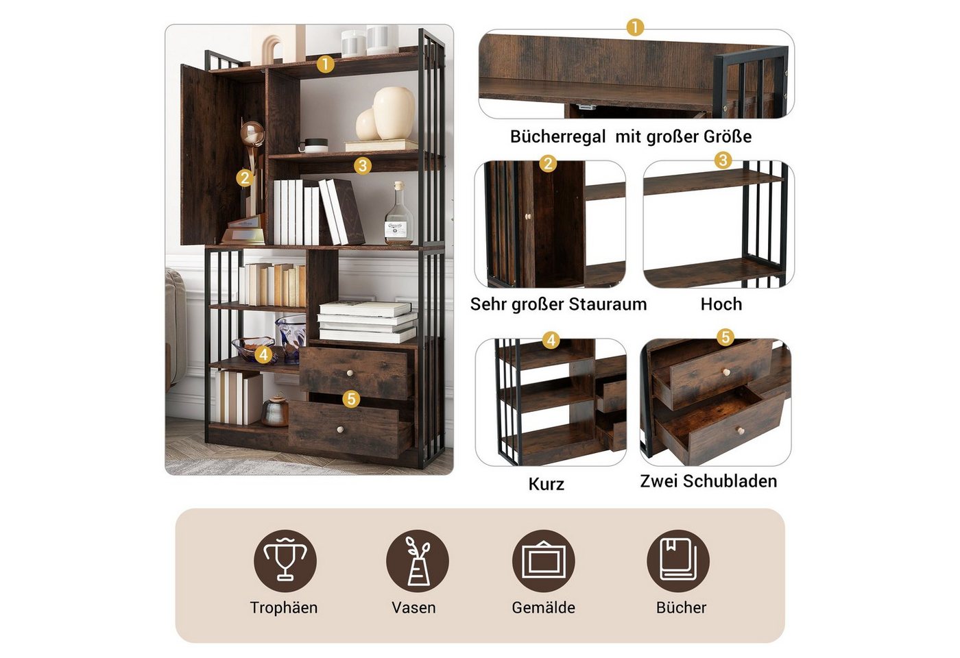 Flieks Bücherregal, 1-tlg., Standregal mit Türen und Schubladen Büroregal 100x30x173,5cm – Bild 5 von 5