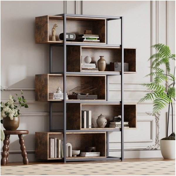 Flieks Bücherregal brauner Holzoptik, 5 verstellbare Fächer, 1-tlg., Standregal mit 5 Abnehmbaren Ebenen Büroregal Schrank, Stahlgestell