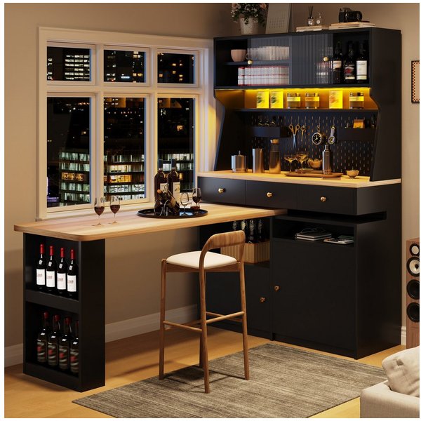Flieks Buffet Küchenschrank Küchenbuffet mit 360° drehbar Esstisch (Buffetmaße: 119,2x44,8x177,7 cm, Tischplattemaße: 137x59 cm, 2-St., mit Acryl-Schiebetür und
