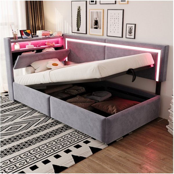 Flieks Daybett, Polsterbett 90x200cm mit hydraulischem Stauraum LED-Leiste USB/TYP-C