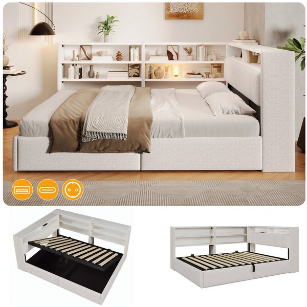 Flieks Daybett, Schlafsofa 140x200cm mit Hydraulik-Stauraum, LED-Leiste, USB