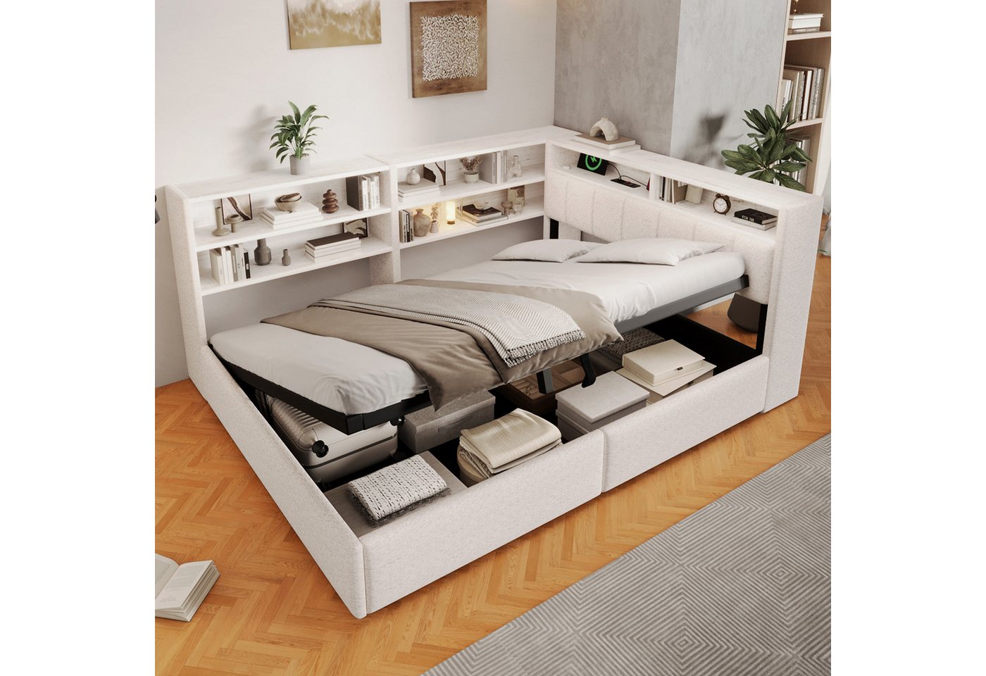 Flieks Daybett, Schlafsofa 140x200cm mit Hydraulik-Stauraum, LED-Leiste, USB – Bild 2 von 5