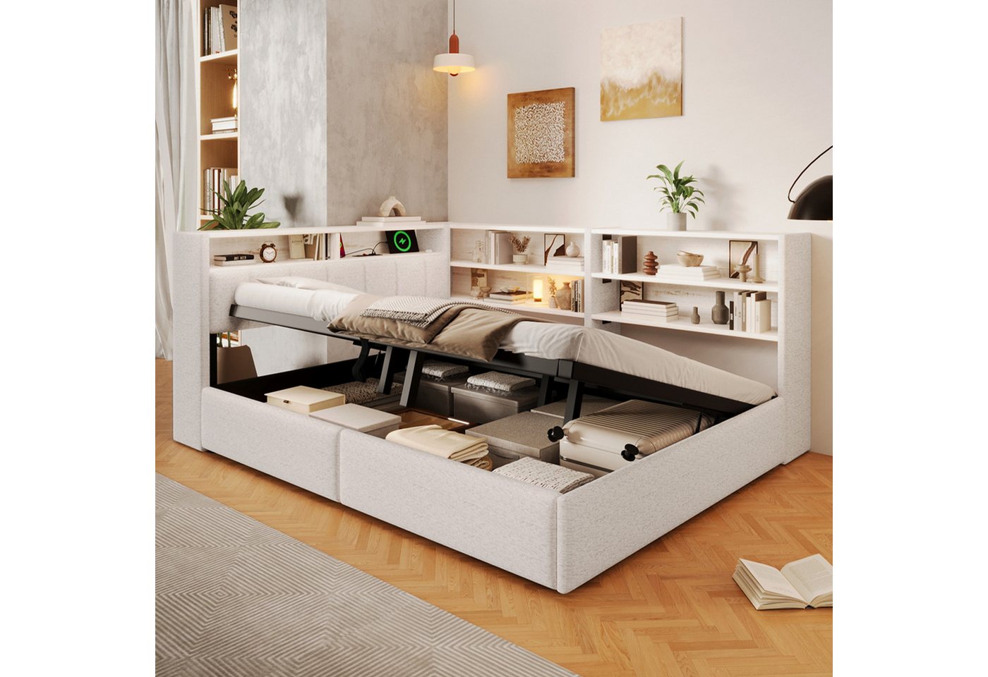 Flieks Daybett, Schlafsofa 140x200cm mit Hydraulik-Stauraum, LED-Leiste, USB – Bild 4 von 5