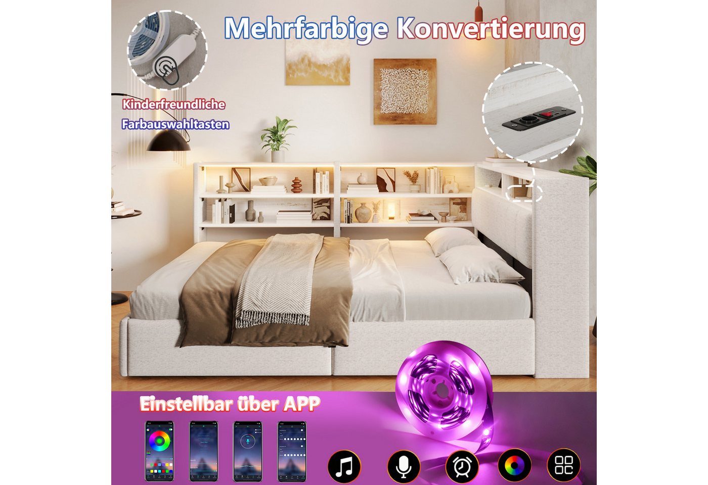 Flieks Daybett, Schlafsofa 140x200cm mit Hydraulik-Stauraum, LED-Leiste, USB – Bild 5 von 5
