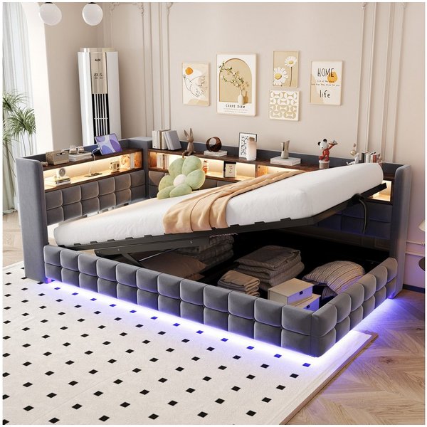 Flieks Daybett, Polsterbett 90x200cm mit hydraulischem Stauraum LED-Leiste USB/TYP-C