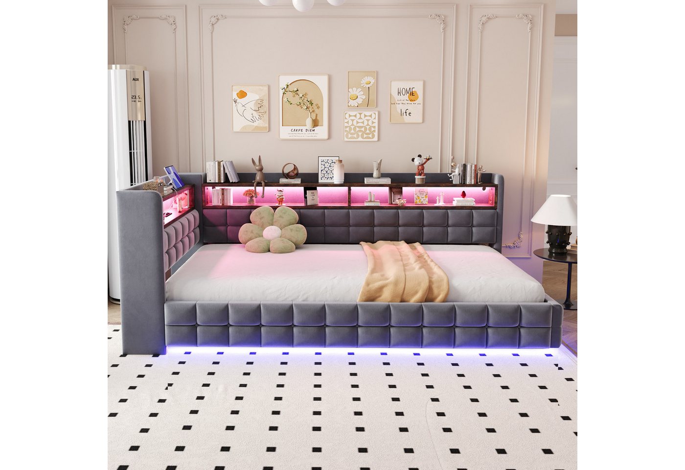 Flieks Daybett, Polsterbett 90x200cm mit hydraulischem Stauraum LED-Leiste USB/TYP-C – Bild 3 von 5