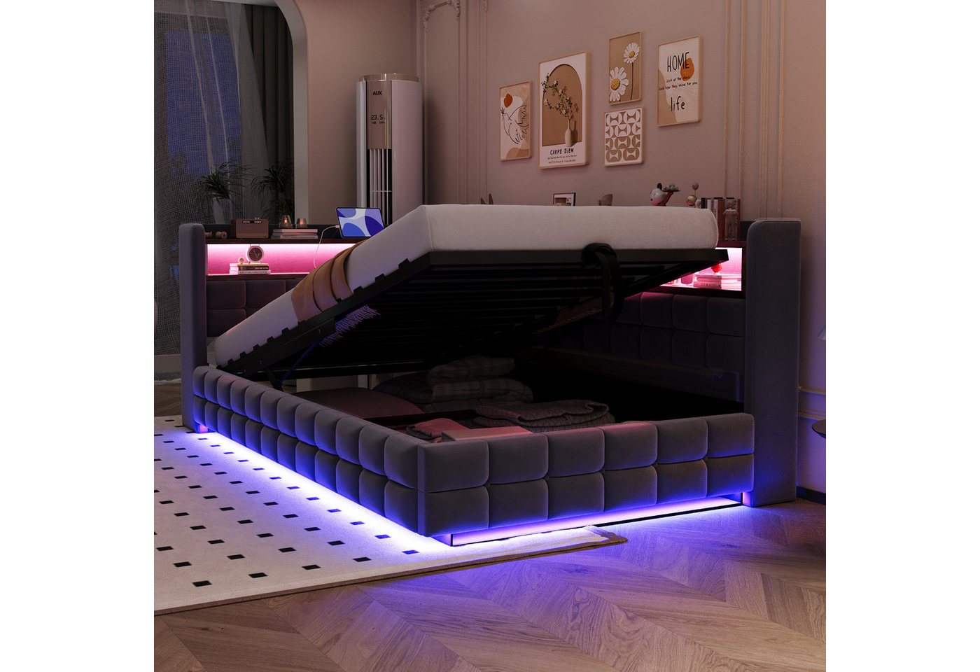 Flieks Daybett, Polsterbett 90x200cm mit hydraulischem Stauraum LED-Leiste USB/TYP-C – Bild 4 von 5