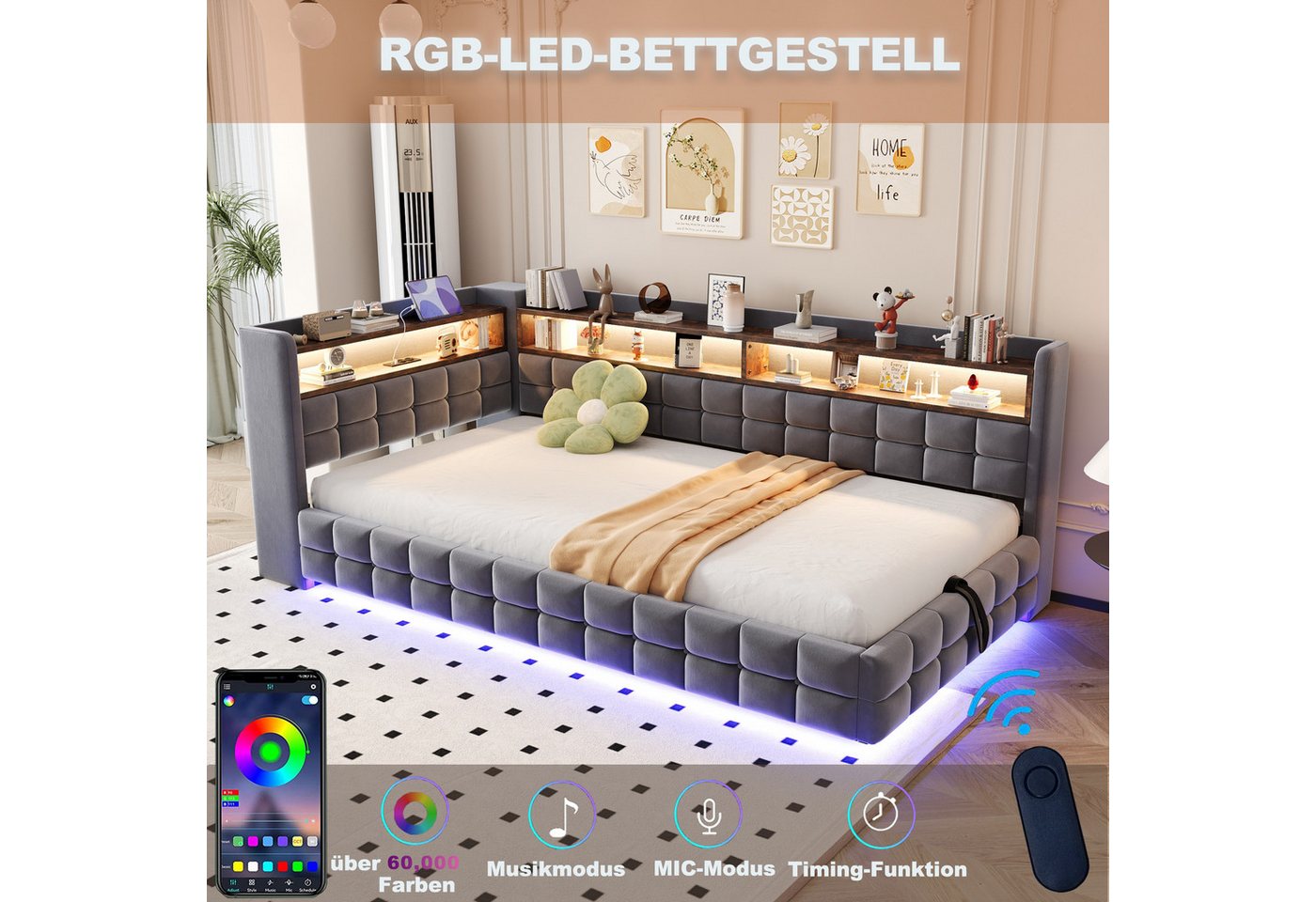 Flieks Daybett, Polsterbett 90x200cm mit hydraulischem Stauraum LED-Leiste USB/TYP-C – Bild 5 von 5