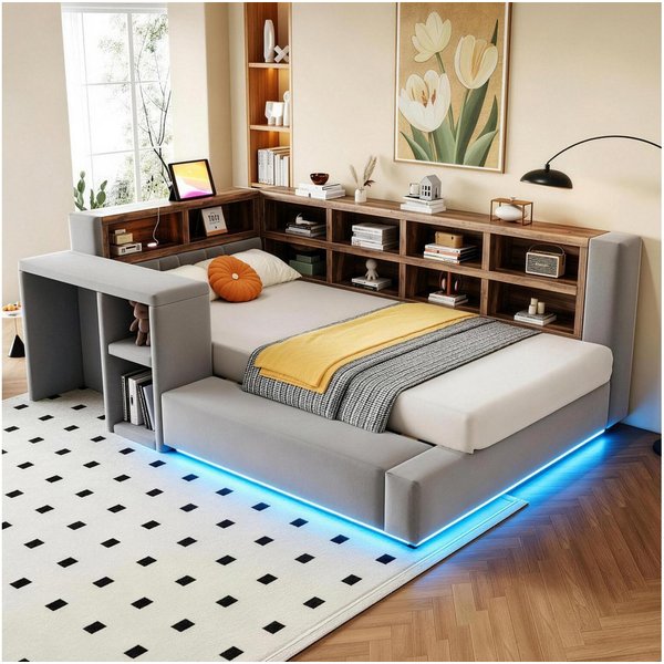 Flieks Daybett, Polsterbett 90x200cm mit Staufächer, LED & Aufladen, Beistelltisch