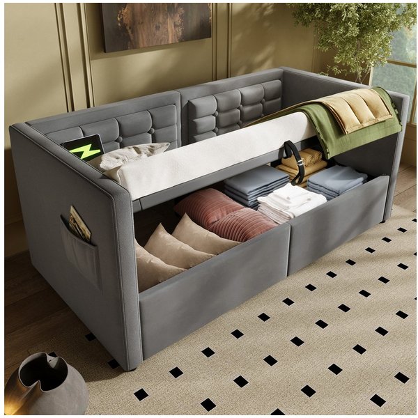 Flieks Daybett, Hydraulisches Polsterbett Schlafsofa 90x200cm mit USB & Type C