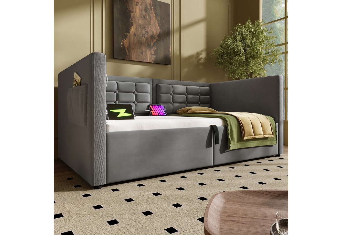 Flieks Daybett, Hydraulisches Polsterbett Schlafsofa 90x200cm mit USB & Type C – Bild 2 von 5