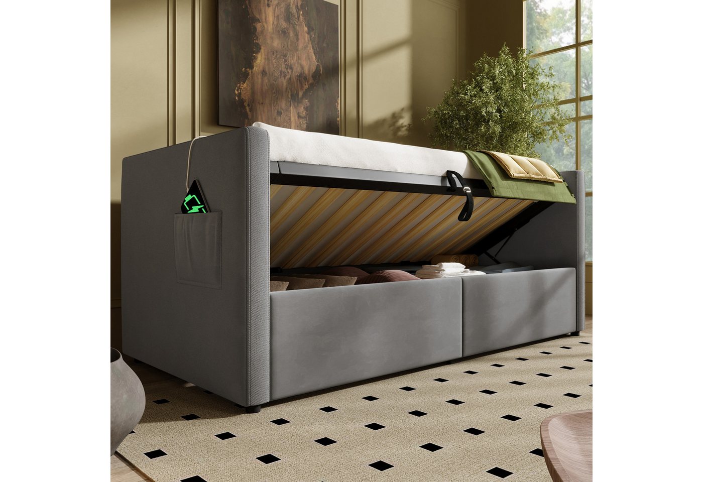 Flieks Daybett, Hydraulisches Polsterbett Schlafsofa 90x200cm mit USB & Type C – Bild 3 von 5