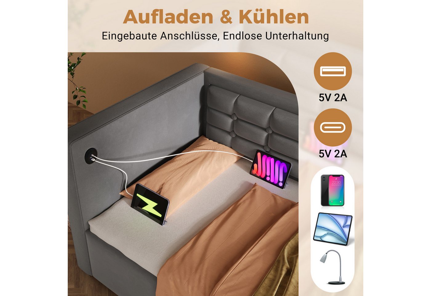 Flieks Daybett, Hydraulisches Polsterbett Schlafsofa 90x200cm mit USB & Type C – Bild 4 von 5