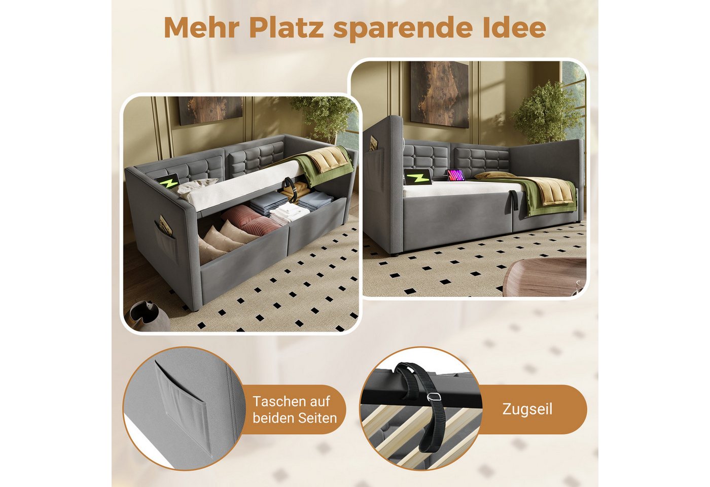 Flieks Daybett, Hydraulisches Polsterbett Schlafsofa 90x200cm mit USB & Type C – Bild 5 von 5